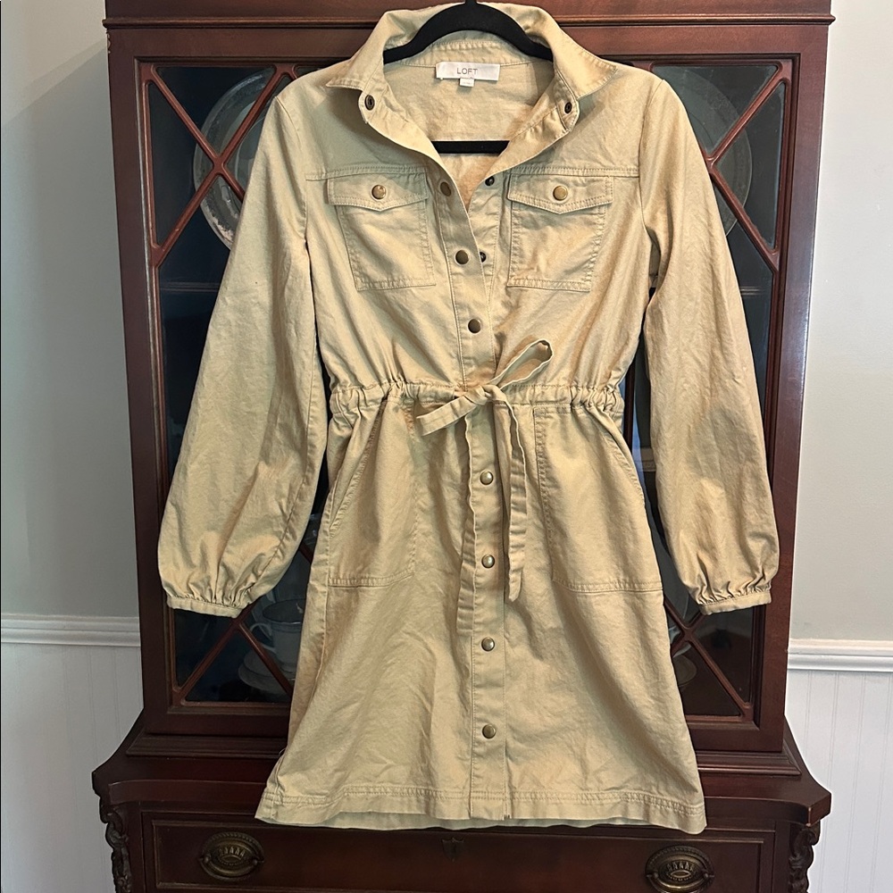 LOFT Beige Button Up Trench Coat Utility style Dress XS